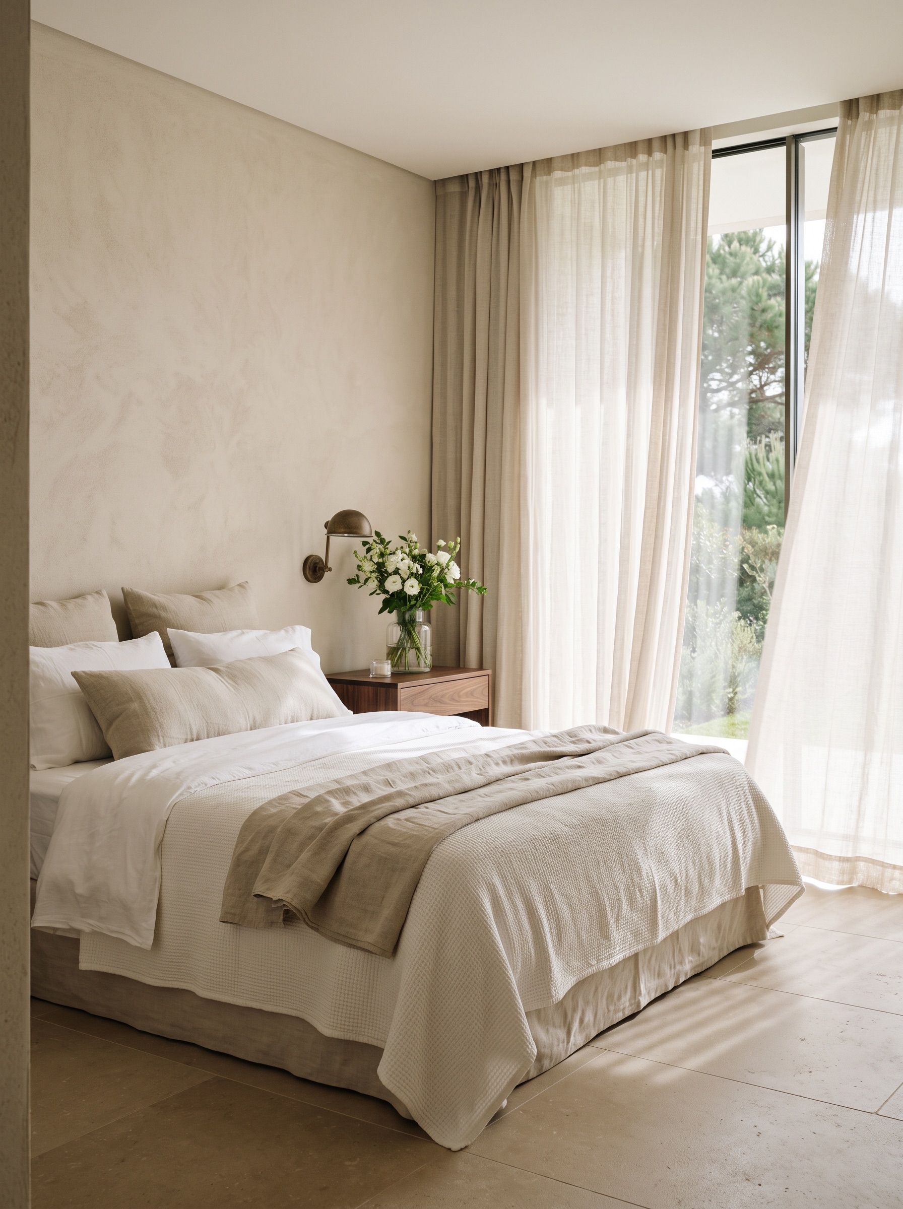 Quarto elegante com roupa de cama clara